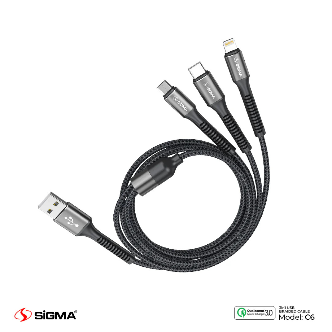 Sigma C6 3 in 1 Braided Cable 3A -  Sigma Life Style